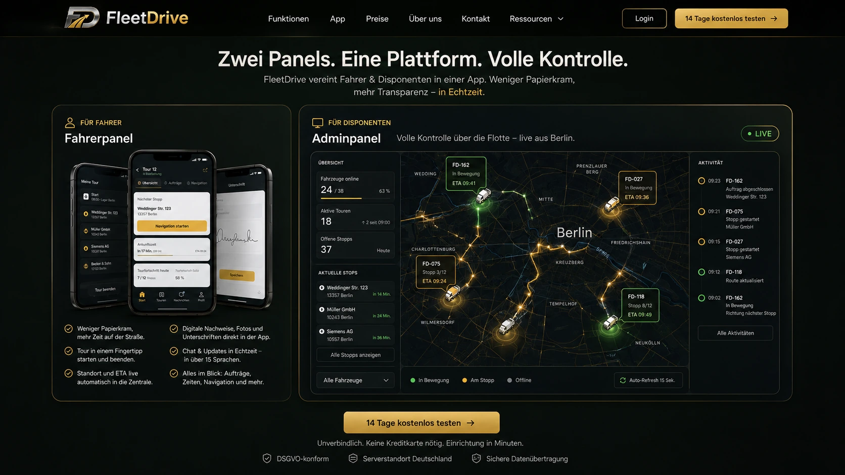 FleetDrive Fahrerpanel: Tour-Übersicht, nächster Stopp, digitale Unterschrift